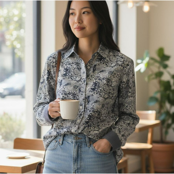 Finley Tops - Finley Floral Button Up Shirt Womens Size Small Blue White Stretch Long Sleeve